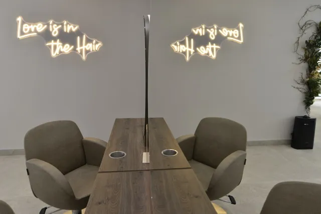 Conference room with a wooden table and chairs, a pole, a plant in a pot, and a wall